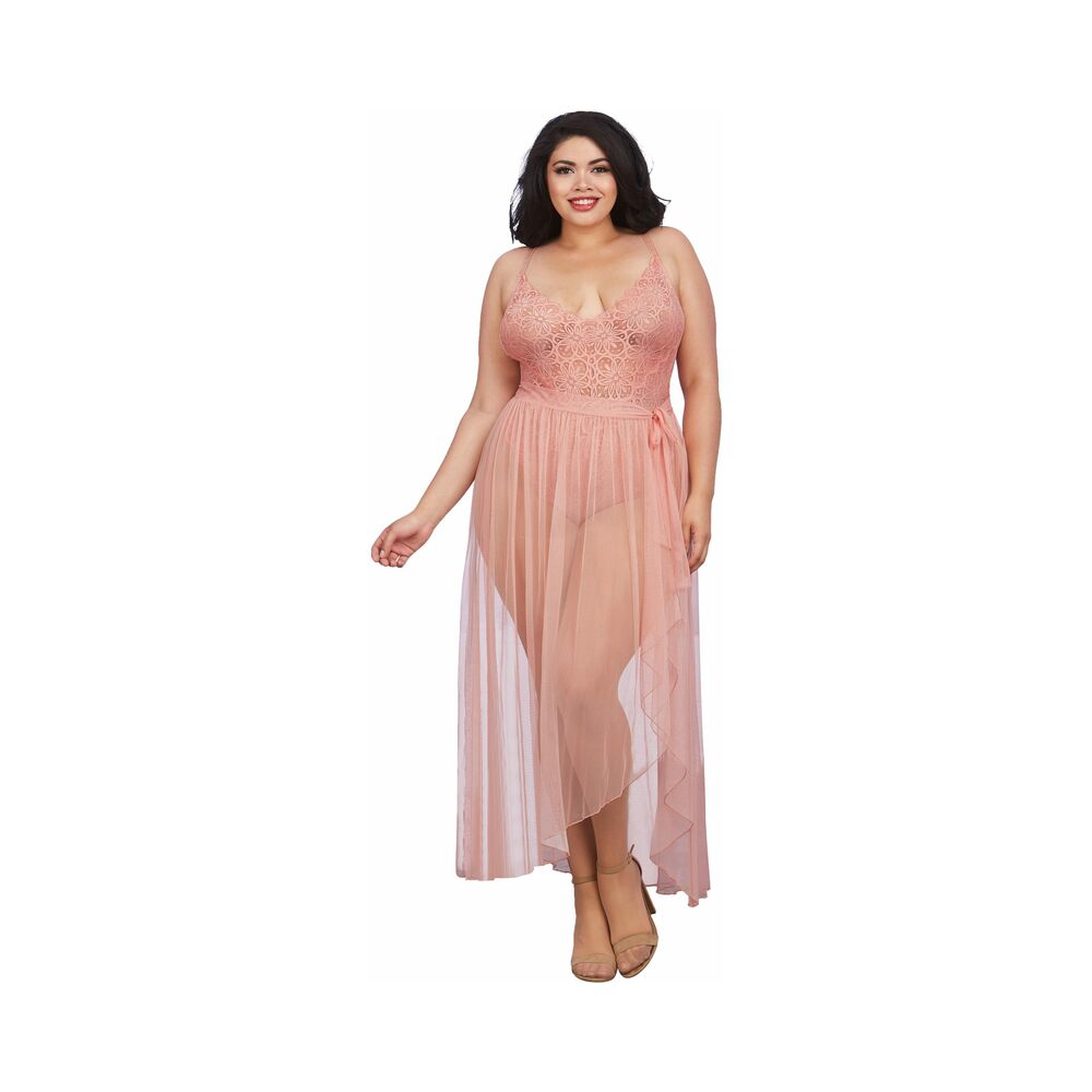Dreamgirl Plus-Size Stretch Lace Teddy & Sheer Mesh Maxi Skirt With Adjustable Straps & G-String Rose Queen 2X Hanging